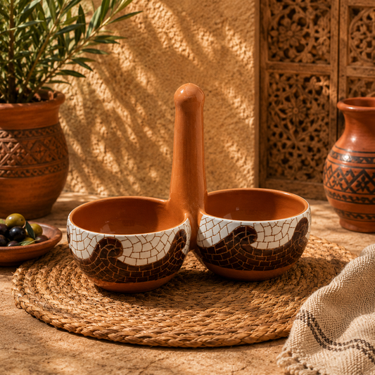 فخار مزدوج للزيت والزعتر وللمقبلات فخار صنع يدوي
