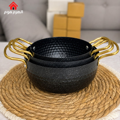 طناجر جرانيت أسود بيد مذهب بعدة احجام